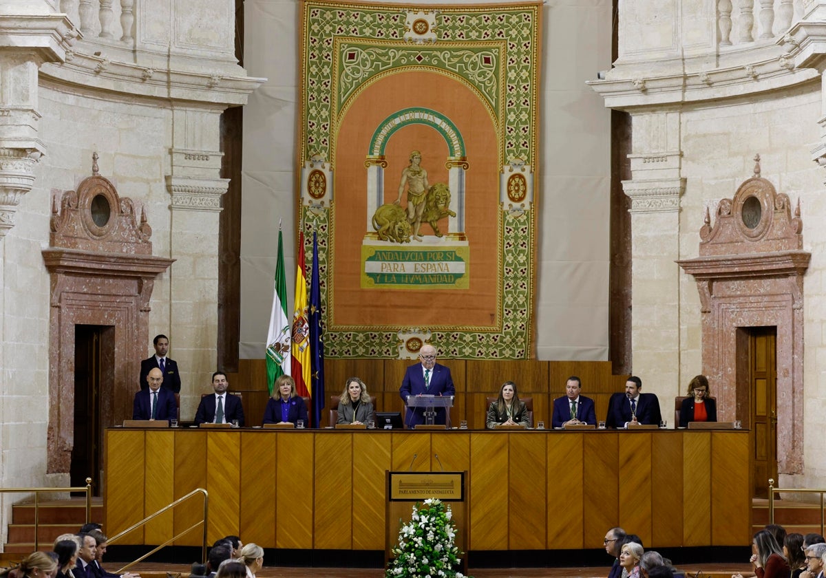 El presidente del Parlamento andaluz, Jesús Aguirre, en su intervención en el Día de Andalucía.