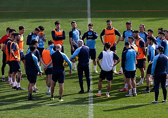 Sergio Pellicer se dirige a la plantilla malaguista en la sesión de trabajo de este martes en el campo principal de La Rosaleda.