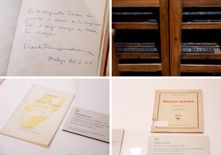 Dedicatoria de Aleixandre, tipos del taller y dos ediciones de Caffarena, una de Luis Eduardo Aute y otra de Emilio Prados.