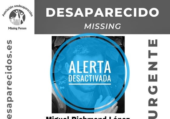 Imagen del cartel de la persona desaparecida en Torrox con la alerta desactivada difundido por la asociación SOS Desaparecidos.