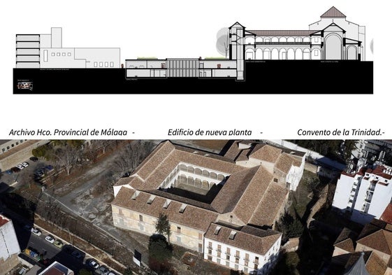 Arriba, vista longitudinal del espacio, con el nuevo edificio intermedio semienterrado. Abajo, imagen aérea.