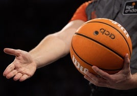 Un árbitro, con el balón en la mano.