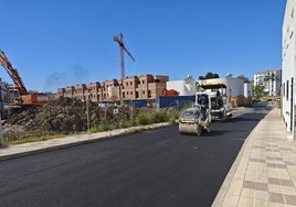 Un operario asfalta una calle de Estepona.