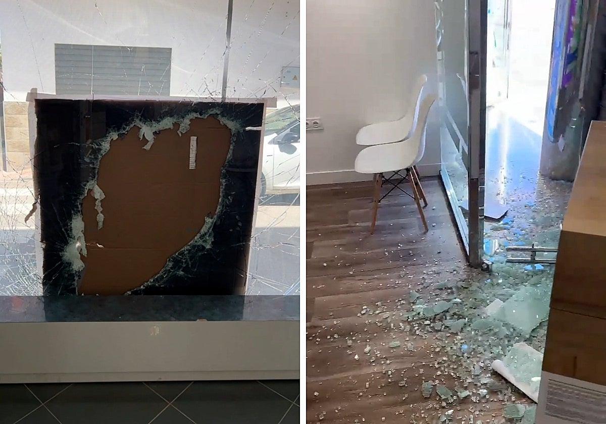 Imagen de los daños en la cristalera de la farmacia asaltada de madrugada.