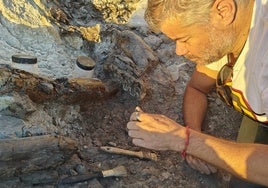 Sergio Ros, paleontólogo de la UMA, trabaja en una excavación.