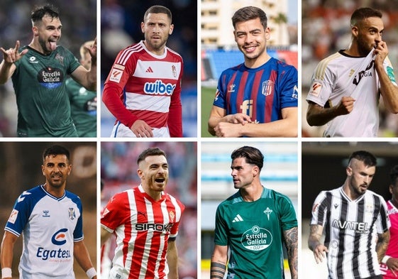 Álvaro Giménez, Weissman, Masca, Higinio (arriba), Ángel, Campuzano, Jauregi y Millán (abajo), algunos de los delanteros que quedan libres.