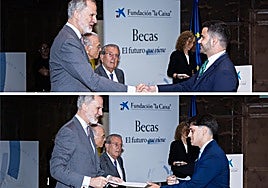 Arriba, Rafael José Fernández-Delgado Ruiz y, abajo, Samuel María Andrés Luque Astorga reciben sus respectivas becas de manos del Rey.