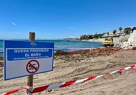 Señales de prohibición de baño instaladas en la zona cuando se produjo la rotura de la tubería.