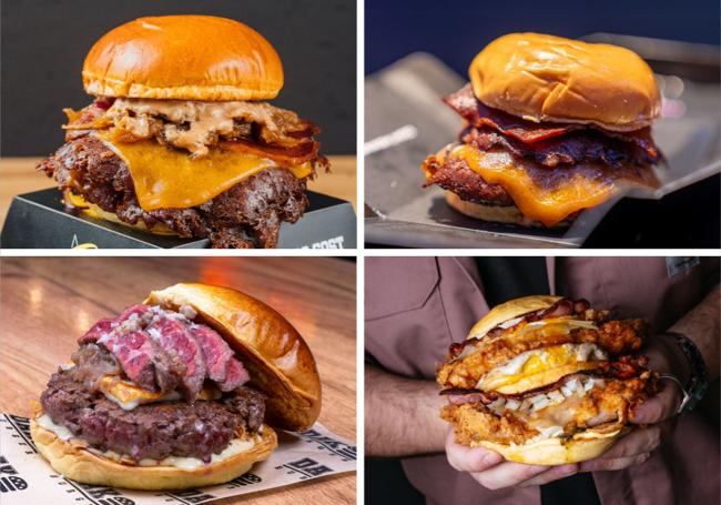Arriba, a la izquierda, B-Oklahoma, la más popular de Bsmash. A la derecha, las hamburguesas de Smash Hiro están firmadas por el youtuber Estikk.. Abajo, a la izquierda, la hamburguesa de vaca vieja de Dak Burger. A la derecha, una de las propuestas para llevar de GOAT.