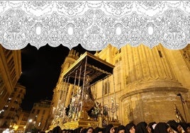 Arriba, diseño de las bambalinas del palio de la Virgen de los Dolores.