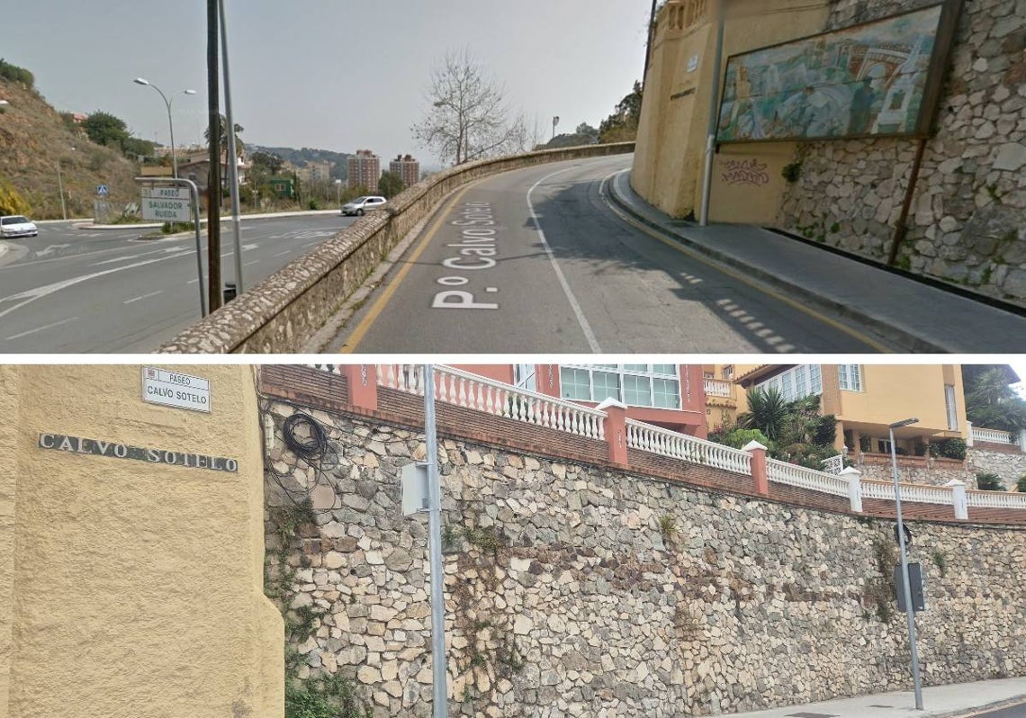 Arriba, imagen en la que se ve el mural antes de que fuera retirado y, abajo, aspecto actual de la Subida a Gibralfaro sin la obra.