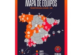 El mapa oficial de los grupos 1 y 2 de Primera RFEF en la temporada 2025-26.