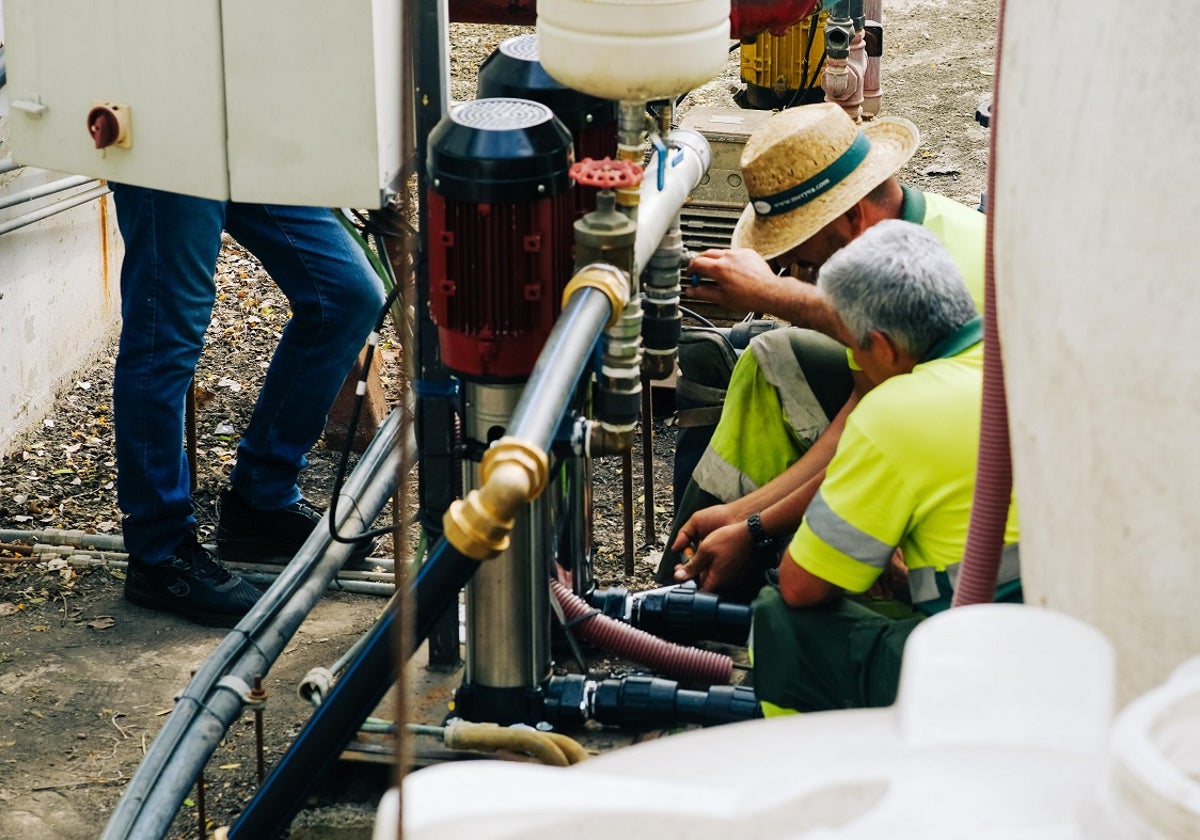 Los operarios cambiando el sistema de riego del Parque de los Tres Jardines.