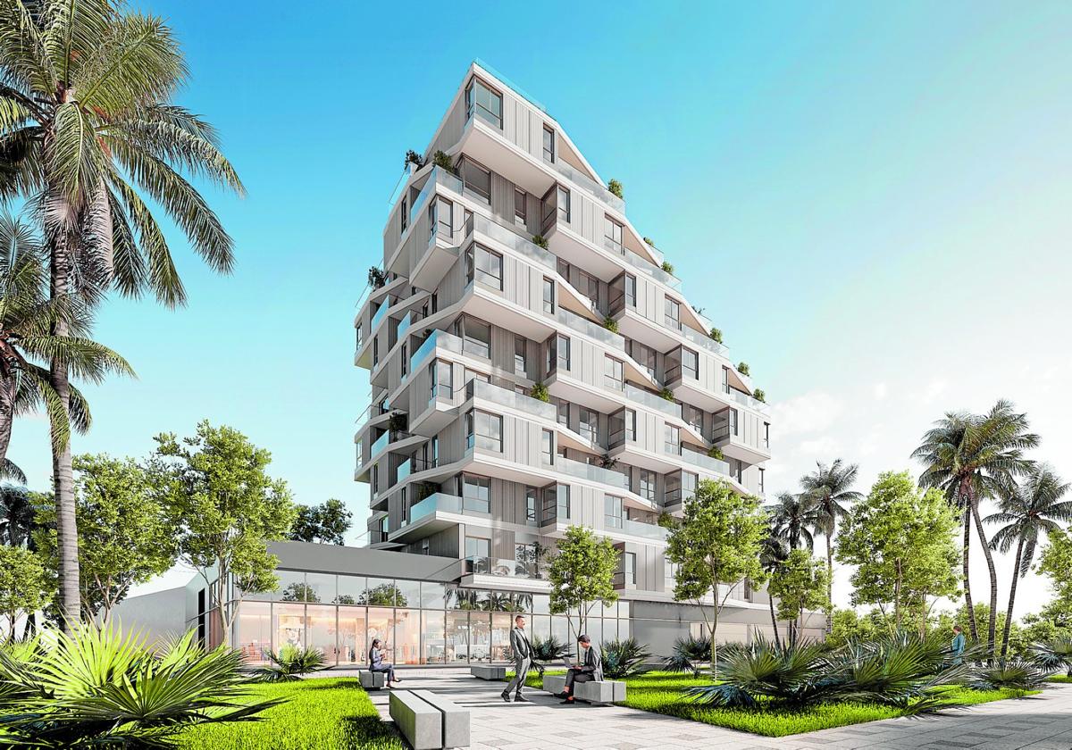 Infografía de Málaga Río, un complejo residencial con piscina, coworking, gimnasio, pista de pádel y jardines.