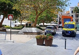 Vehiculos policiales y de emergencia en la entrada del aparcamiento.
