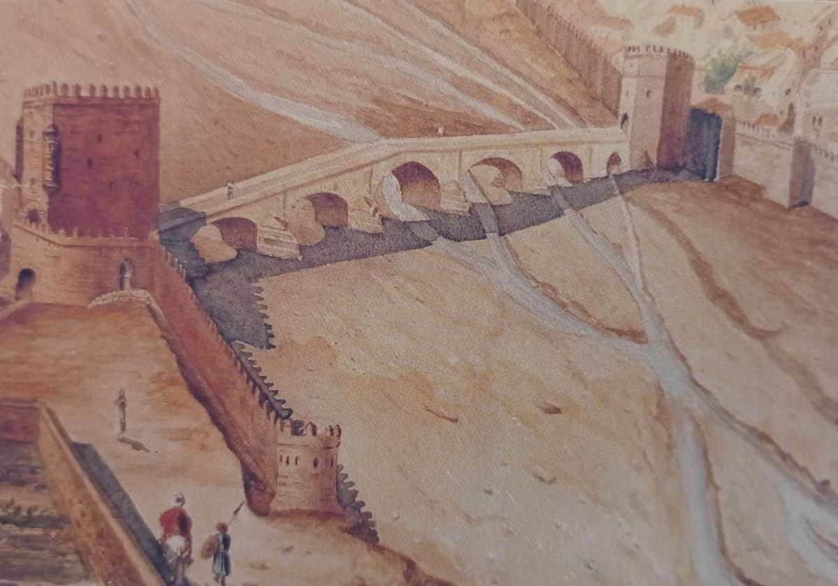 Reconstrucción ideal del puente de Santo Domingo, que se llevó la riada de 1661, por Emilio de la Cerda.