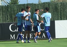 Dotor, Niño, Larrubia y Joaquín Muñoz, celebrando el 0-1 de este sábado ante el Almería.