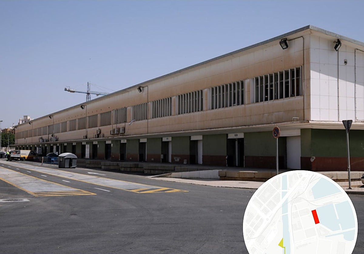 Actual lonja pesquera y su ubicación en el plano del puerto de Málaga.