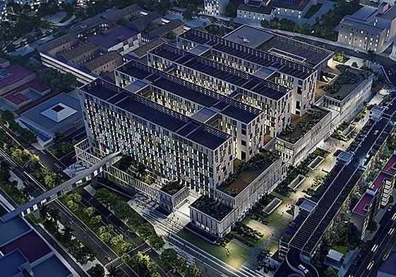 Recreación del proyecto del Tercer Hospital para Málaga, a espaldas del Civil.