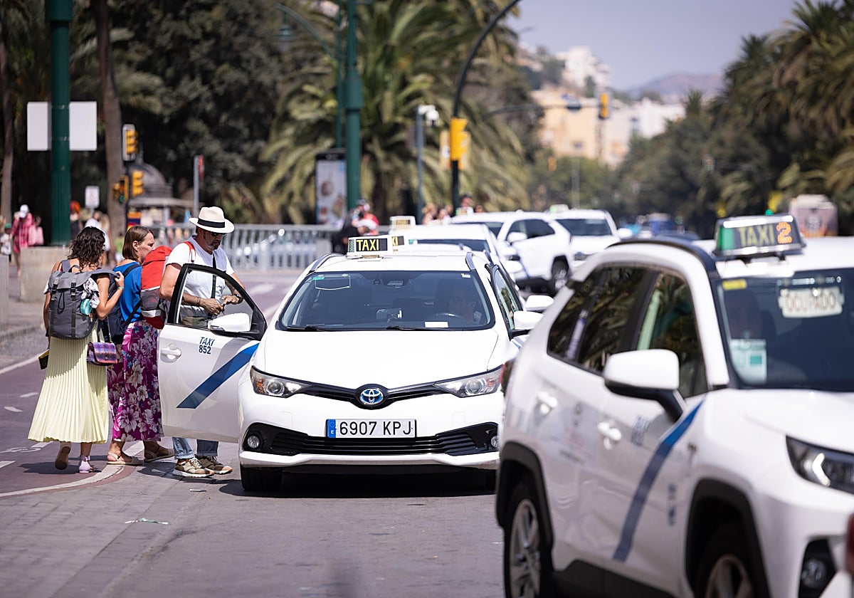 Taxis prestando servicio en el Centro de Málaga en el inicio de la feria.