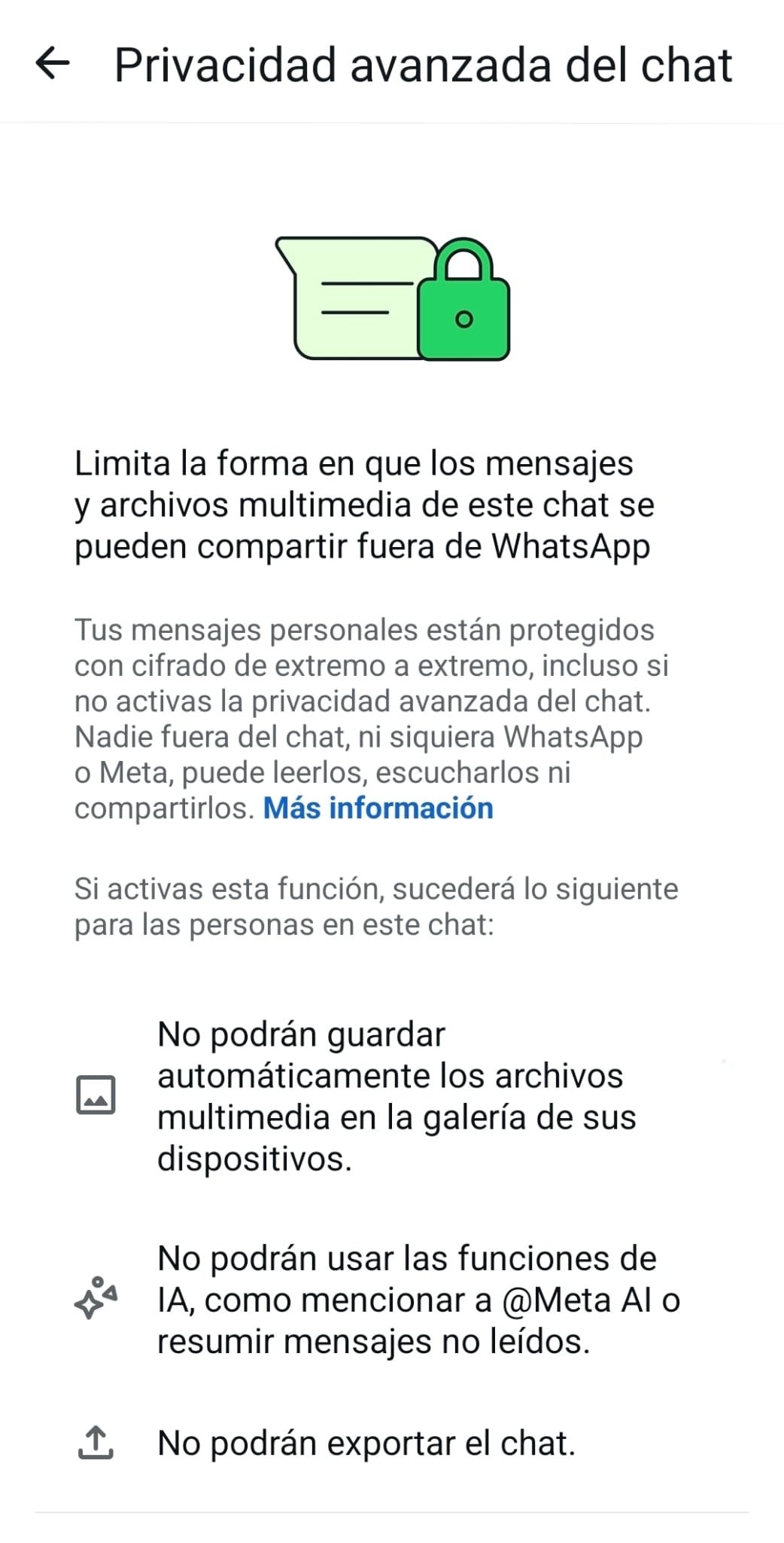 La explicación de WhatsApp sobre la privacidad avanzada de los chats.