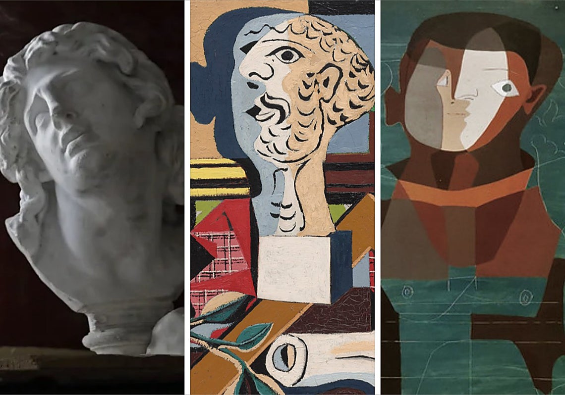 La evolución del busto de yeso tradicional (izquierda) se convierte en un rostro con tres caras en la obra de Picasso de 1925 (central), un trifronte que revisa en pinturas posteriores (derecha).