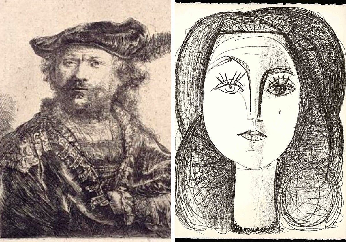 Autorretrato de Rembrandt, de la exposición del Carmen Thyssen, y litografía de Françoise Gilot, de la Colección del Museo Casa Natal de Picasso.