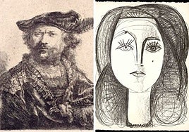 Autorretrato de Rembrandt, de la exposición del Carmen Thyssen, y litografía de Françoise Gilot, de la Colección del Museo Casa Natal de Picasso.