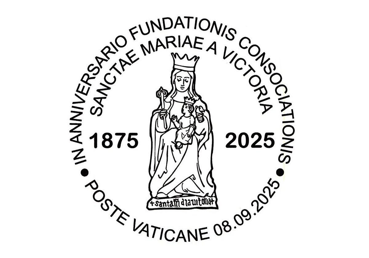 Dibujo del matasellos para recordar el 150.º aniversario de la Hermandad de la Victoria.