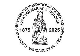 Dibujo del matasellos para recordar el 150.º aniversario de la Hermandad de la Victoria.