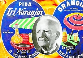 Retrato de Agustín Trigo y carteles publicitarios de TriNaranjus y Orangina.