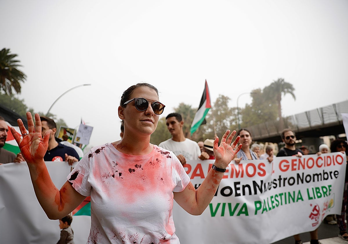 Imagen principal - «No es una guerra, es un genocidio»: más de dos mil personas en Málaga claman contra la masacre en Gaza