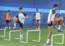 Ochoa y Juanpe se ejercitan en La Rosaleda, con Dotor, Víctor García y Recio al fondo, jugadores trodos ellos llamados a asumir protagonismo hoy ante la plaga de bajas.