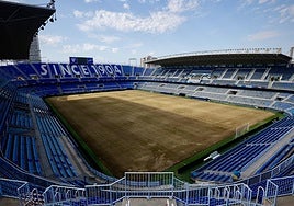 Panorámica de La Rosaleda, cuyo césped está ahora de resiembra.