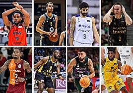 Jerrick Harding, Delow, Ricky Rubio, Marcelinho Huertas (arriba); James Palmer, RaiQuan Gray, Chris Duarte y Albicy (debajo).
