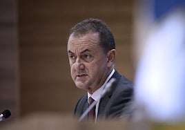José María Muñoz, en una comparecencia en la sala de prensa de La Rosaleda.