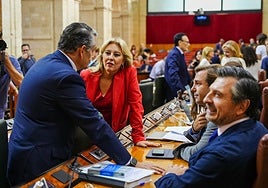 Antonio Sanz y Carolina España, este miércoles en el Parlamento junto al portavoz parlamentario del PP, Toni Martín, y al secretario general, Antonio Repullo.