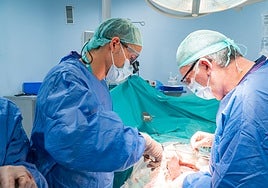 Los doctores César Ramírez y José Antonio Pérez Daga, durante la operación.