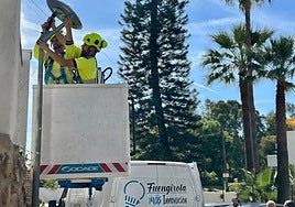Operarios colocando nuevas luminarias.
