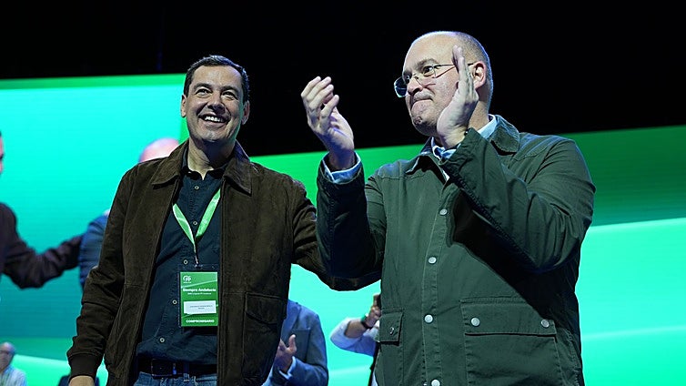 Juanma Moreno y el secretario general del PP, Miguel Tellado.
