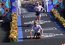 Geens, emocionado tras rebasar la línea de meta.