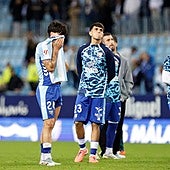 Lobete, Izan Merino y Haitam, tras el partido frente al Córdoba.