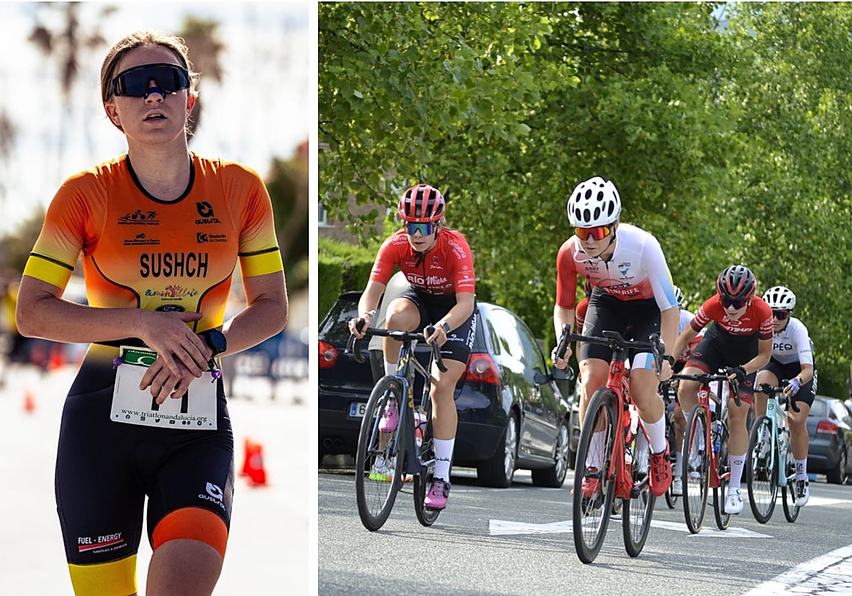 La malagueña, durante un triatlón (izquierda) y una carrera de ciclismo en carretera (derecha).