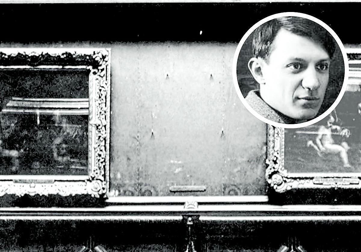 Hueco que dejó la Gioconda en el Louvre. Arriba, a la derecha, Picasso, en aquella época.