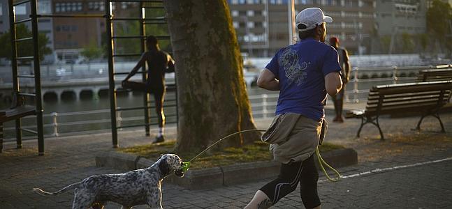 Un perro corriendo junto a su amo en Bilbao. / Reuters