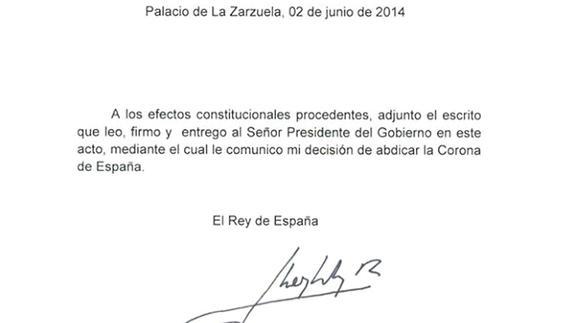 Carta de abdicación de Don Juan Carlos. 
