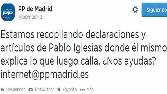 El PP de Madrid lanza una campaña en Twitter contra Pablo Iglesias