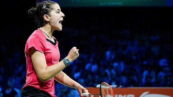 Marín celebra un punto en la semifinal del Mundial. / AFP 