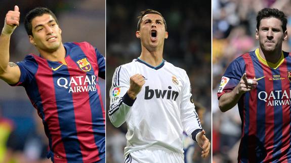 Luis Suárez, Cristiano Ronaldo y Leo Messi.