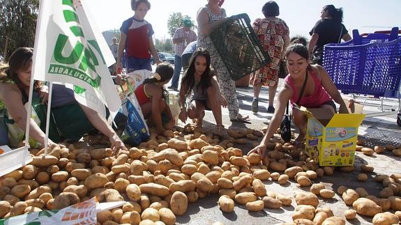 Agricultores de UPA tiran dos toneladas de patatas ante un centro comercial de Granada.